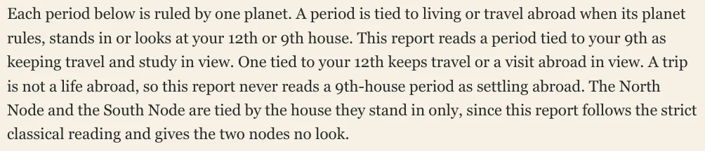 Each period below is ruled by one planet. A period is tied to living or travel abroad when its planet rules, stands in or looks at your 12th or 9th house. This report reads a period tied to your 9th as keeping travel and study in view. One tied to your 12th keeps travel or a visit abroad in view. A trip is not a life abroad, so this report never reads a 9th-house period as settling abroad. The North Node and the South Node are tied by the house they stand in only, since this report follows the strict classical reading and gives the two nodes no look.